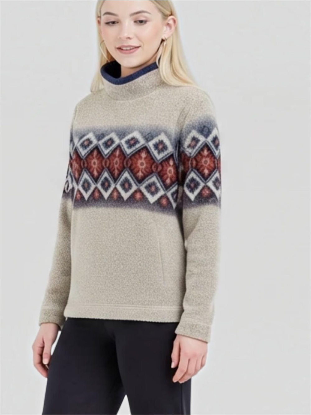 Cabella’s Aztec Print Fleece Pullover in Oatmeal/Blue Sz Medium
